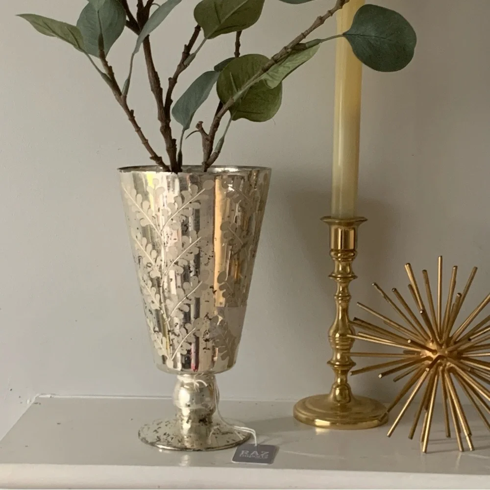 RAZ‎ IMPORTS Silver Etched Mercury Glass Footed Vase 8.75